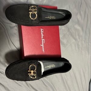 Salvatore Ferragamo Black Loafers with Gold Buckle